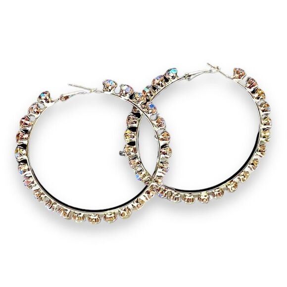 Silver Round Prong Set Colorful Crystals Large Hoop Earrings NEW - Picture 2 of 4